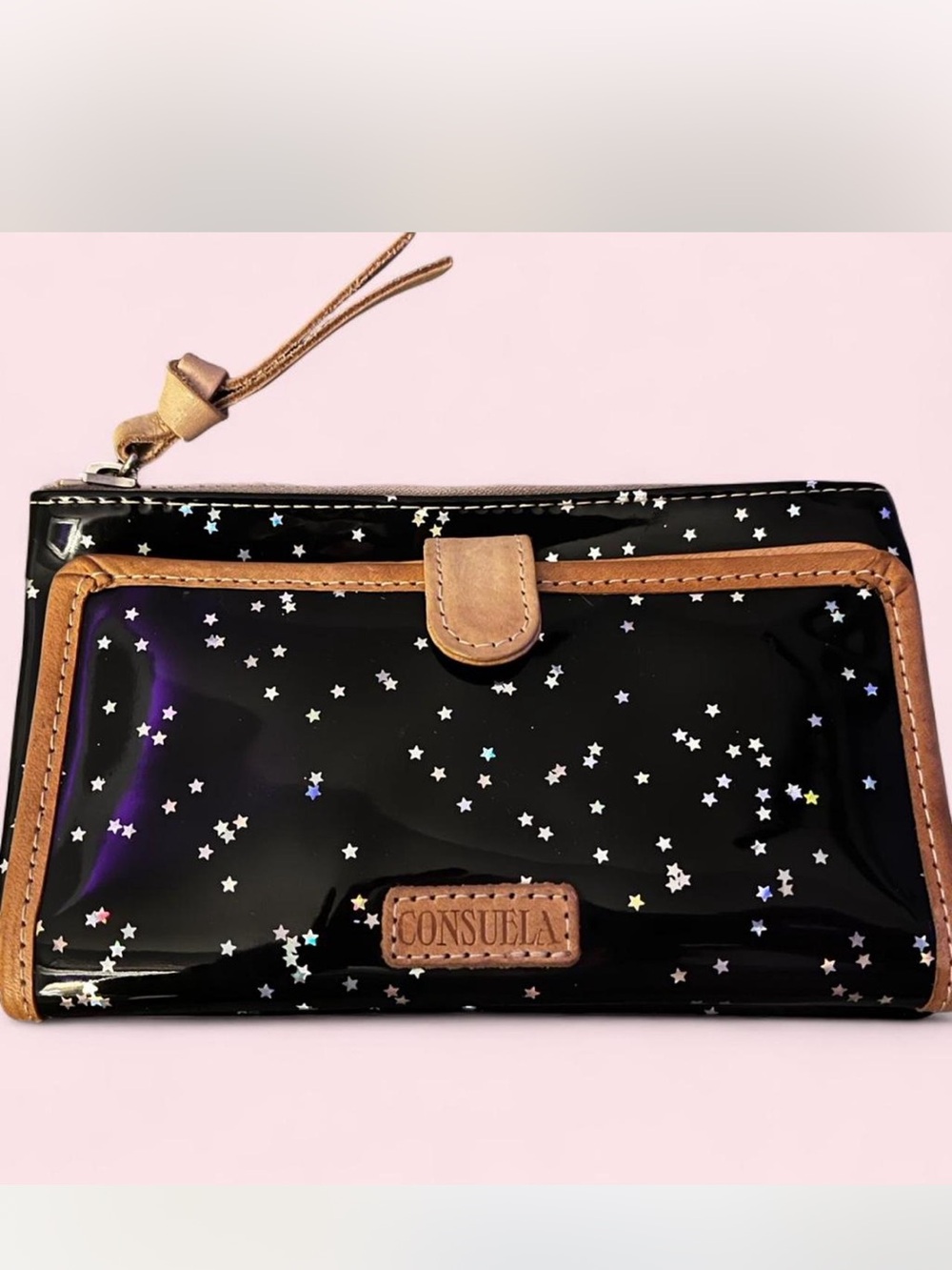 Consuela Dreamy Slim Wallet Black Patent Holographic Star Leather Wristlet